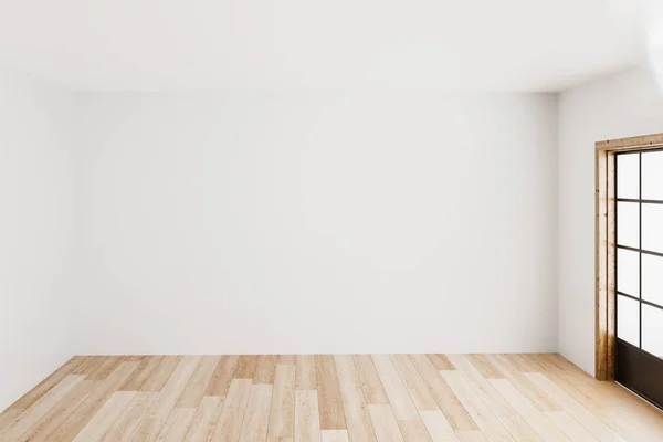 Branco simples interior quarto fundo vazio paredes brancas canto e piso de madeira branca contemporânea, 3D renderização — Fotografia de Stock