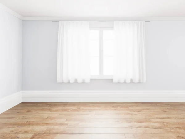 Branco simples interior quarto fundo vazio paredes brancas canto e piso de madeira branca contemporânea, 3D renderização — Fotografia de Stock