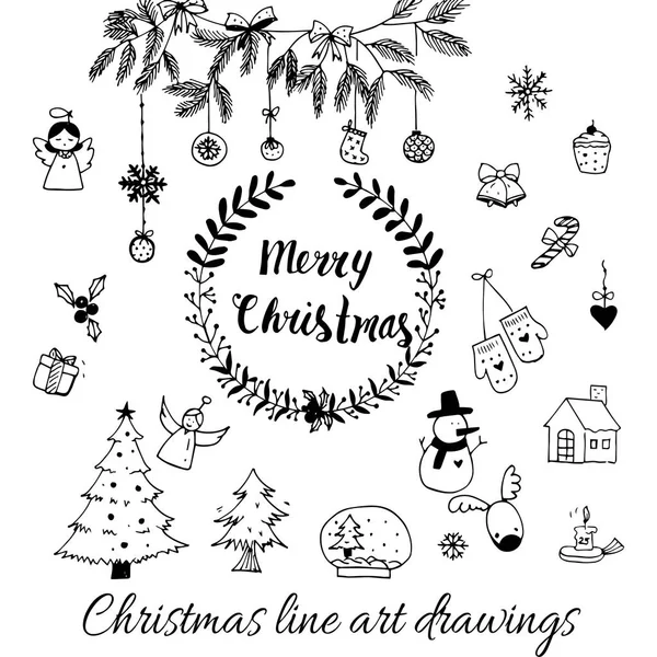 Vector de garabatos dibujado a mano. Dibujos de arte de línea de Navidad en negro. árbol, santa y letras, ramas de abeto, adornos, dulces, cajas de regalo para etiquetas de regalo, etiquetas, tarjetas de invitación — Vector de stock