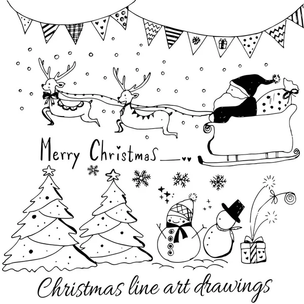 Hand drawn doodle vector. Christmas line art drawings in black. tree, santa and lettering, fir branches, ornaments, candy, present boxes for gift tags, labels,invitations card — Stock Vector