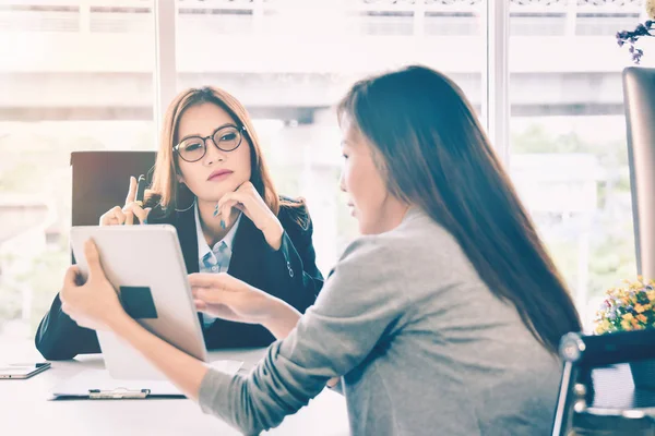 Business woman people presenting business planning and finance report from tablet for ceo in office room