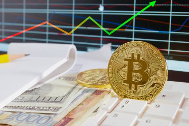 Kripto para birimi ve gerçek para arasındaki döviz kurları kağıt monitörü üzerinde birden fazla banknot ve grafikler üzerine yerleştirilen altın bitcoin sikke