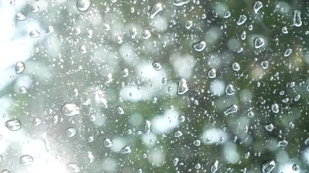 Gotas de lluvia en las gafas de la ventana del coche patrón natural de fondo gotas de lluvia — Vídeos de Stock