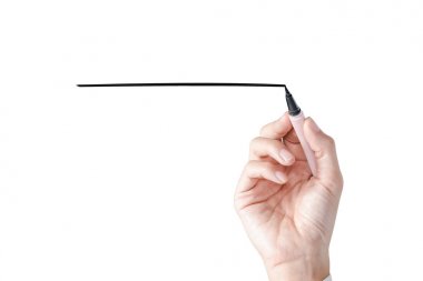 yazmak veya çizmek siyah kalemi tutan el. Beyaz arka plan üzerinde izole