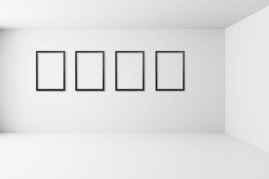 Duvar resim çerçevesi ile boş beyaz iç oda, boş beyaz duvarlar köşe ve beyaz ahşap zemin çağdaş, çerçeve mockup