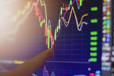 Bilgisayar monitör ekranında uzun veya kısa sipariş pozisyon ticaret ile kar almak için borsa piyasa şeması yatırım ticaret işaret parmak