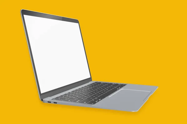 サイドビュー現代のラップトップモックアップコンピュータは 現在の広告製品やウェブページのデザインモックアップ 3Dレンダリングイラストのための黄色の背景にクリッピングマスクで隔離された白い画面を開きます — ストック写真
