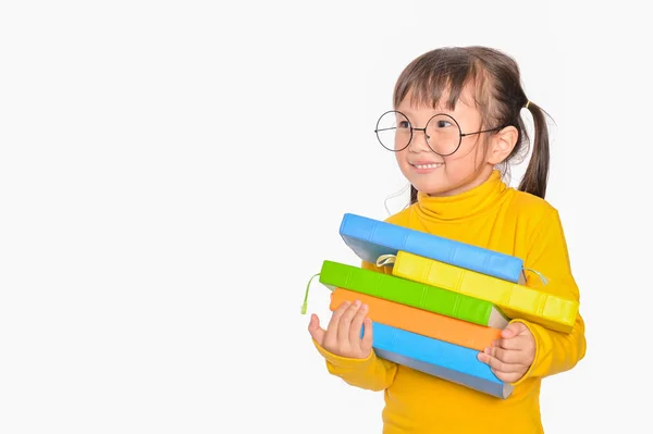 Asiática Menina Segurando Livros Pilha Fundo Branco Volta Escola Educação — Fotografia de Stock