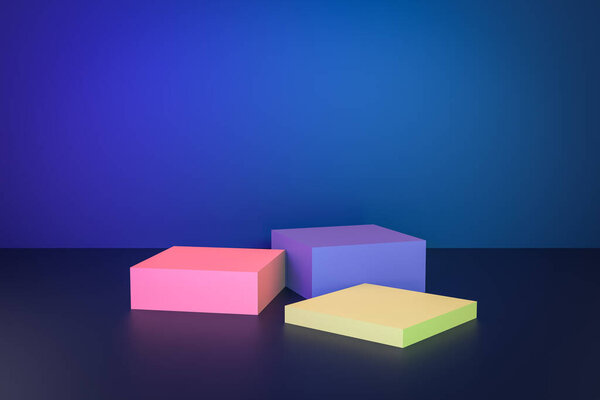 Blue studio background with podium for present content advertising banner product mockup. 3D иллюстрация
.