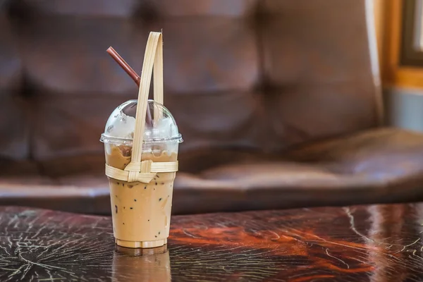 Glass Iced Coffee Bamboo Tote Carry World Plastic Bag Free — Stock Photo, Image