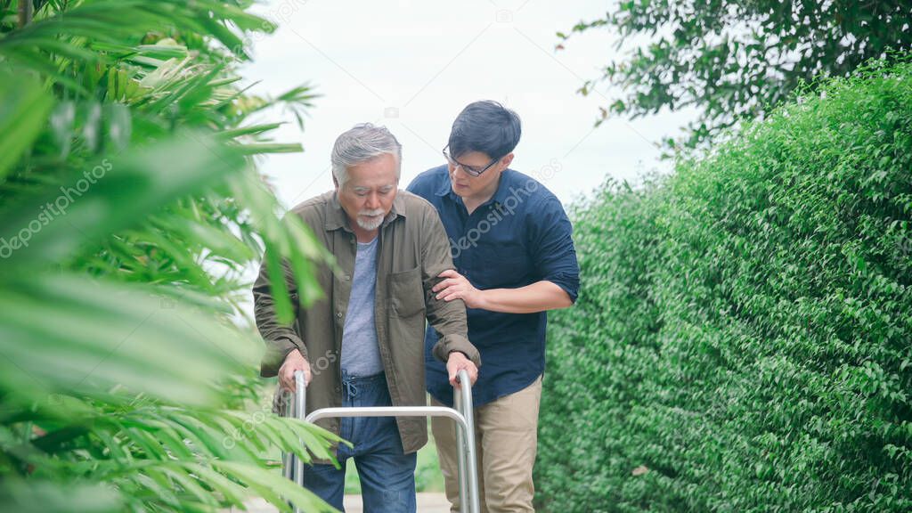 Son helping carer old father with walking in path way at home garden for relaxant or rehabilitation physiotherapy