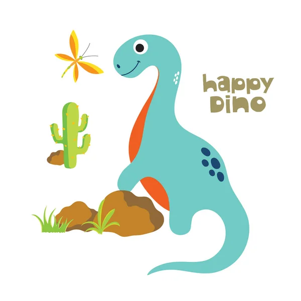 Carino Cartone Animato Dino Illustrazione Felice Dino — Vettoriale Stock