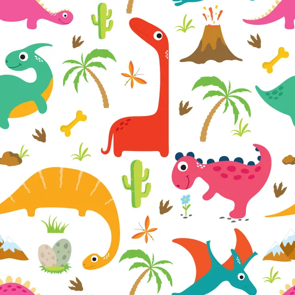 Illustrations Vectorielles Motif Sans Couture Dino Mignon Sur Fond Blanc — Image vectorielle