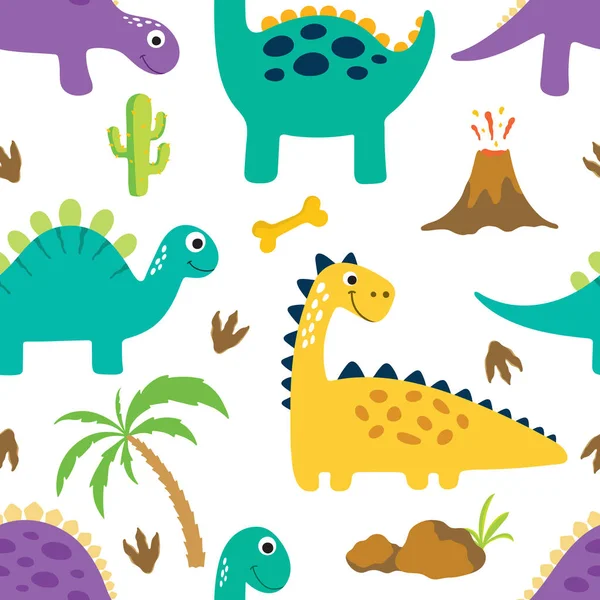 Lindas Ilustraciones Vectores Patrón Sin Costura Dino Sobre Fondo Blanco — Vector de stock