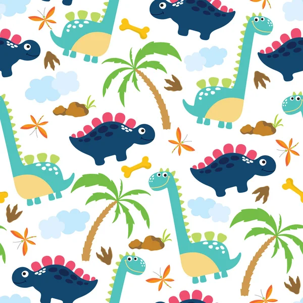 Illustrations Vectorielles Motif Sans Couture Dino Mignon Sur Fond Blanc — Image vectorielle