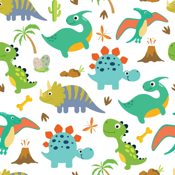 Cute Dino Seamless Pattern Vector Illustrations White Background — Stock Vector