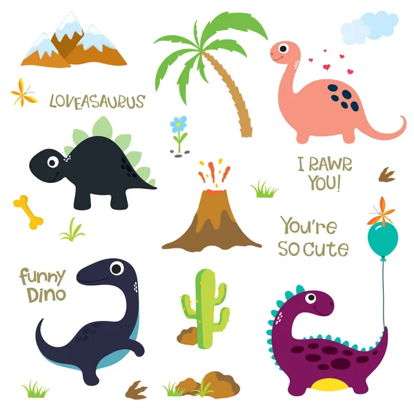 Empreinte Dinosaure Volcan Palmier Pierres Cactus Illustration Vectorielle — Image vectorielle
