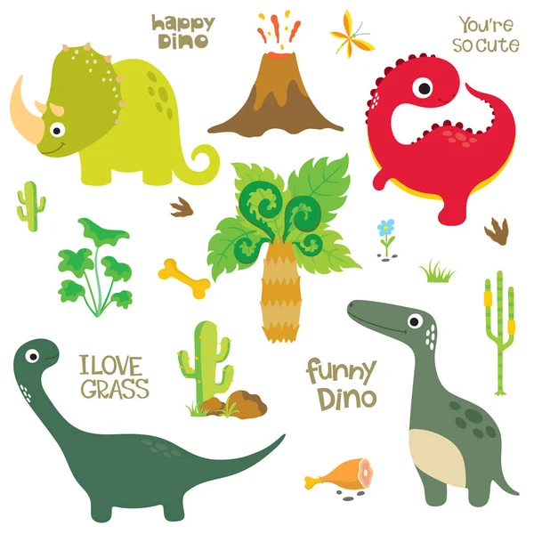 Dinoszaurusz Lábnyom Vulkán Palm Csont Egyéb Arculati Elemek Vektoros Illusztráció — Stock Vector