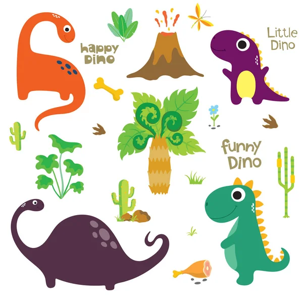 Huella Dinosaurio Volcán Palmera Piedras Huesos Otros Elementos Diseño Ilustración — Vector de stock