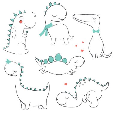Küçük şirin dinozorlar kümesi. Vektör çizim