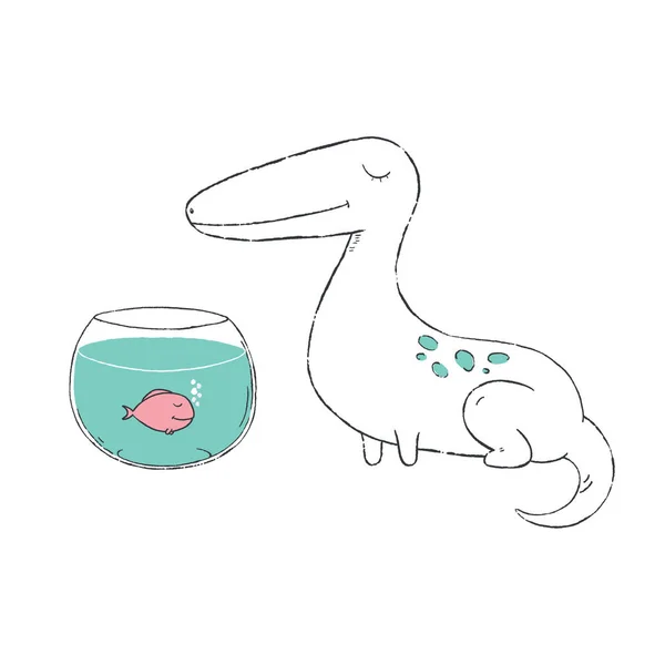 Ручной Рисунок Милого Динозавра Сидящего Рядом Аквариумом Маленькой Рыбкой — стоковый вектор