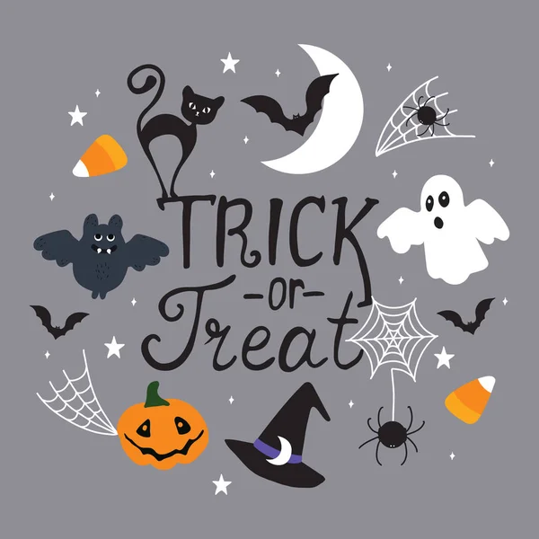 Carte Vœux Halloween Affiche Bannière Lettrage Trick Treat Dessiné Main — Image vectorielle