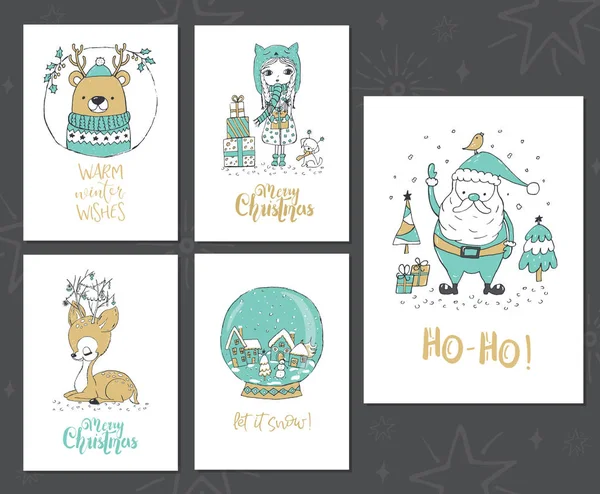 クリスマス カード サンタ クロース 小さな女の子とかわいい犬とクマの肖像画 かわいい鹿とレタリング Tex の雪の世界 — ストックベクタ