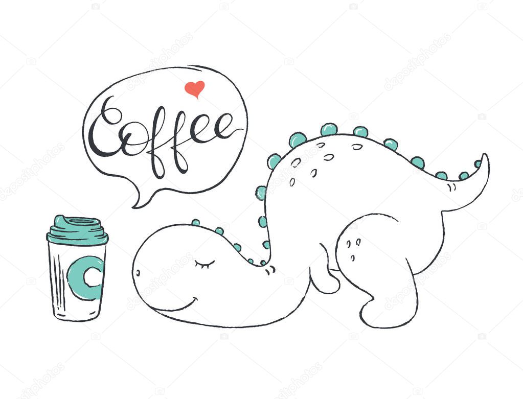 A doodle of cute dinosaur exhausted and wishing for more coffee. Vector illustration