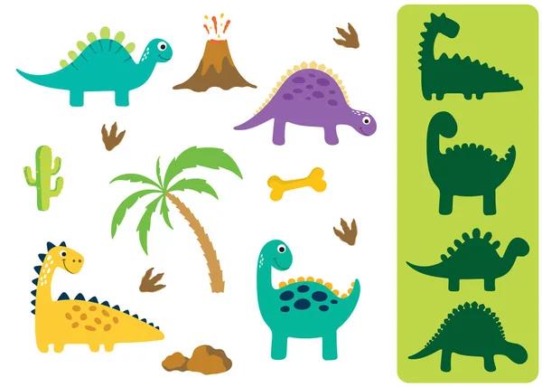 Encuentra Sombra Correcta Dinosaurios Adorables Aislados Sobre Fondo Blanco Huella — Vector de stock