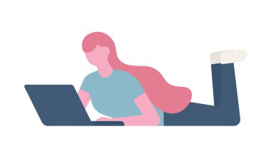İş kadını laptop ile yalan. Düz stil modern vektör çizim
