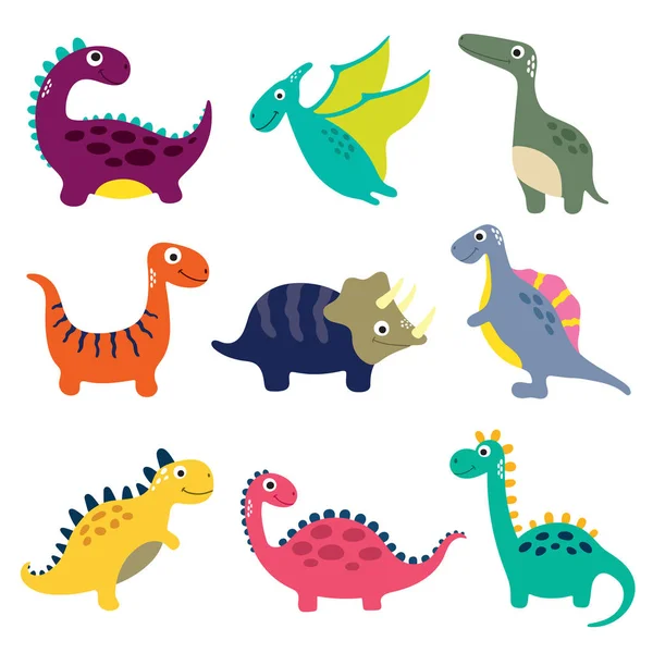 Divertida Colección Dinosaurios Dibujos Animados Ilustración Vectorial — Vector de stock