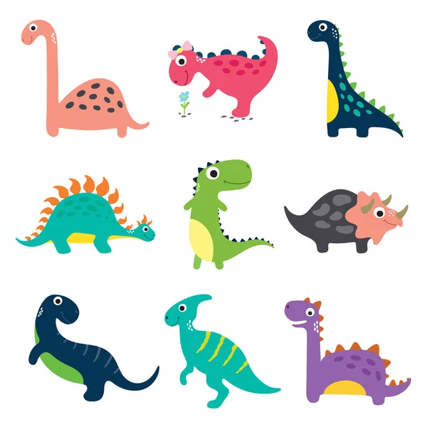 Divertida Colección Dinosaurios Dibujos Animados Ilustración Vectorial — Vector de stock