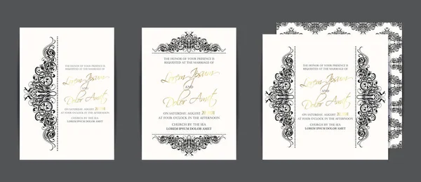 Set Von Drei Einladungskarten Schwarz Und Weiß Mit Floralen Vintage — Stockvektor