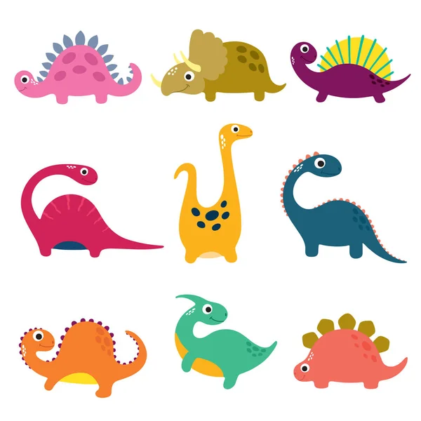 Coleção Dinossauros Desenhos Animados Engraçados Ilustração Vetorial — Vetor de Stock