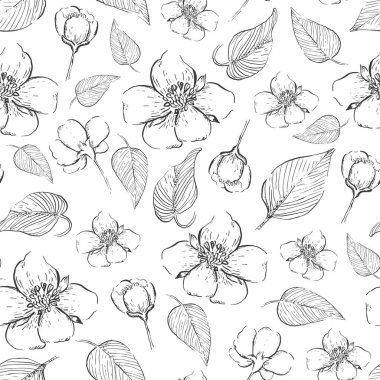 Elle çizilmiş çiçek ve yaprakları ile güzel seamless modeli