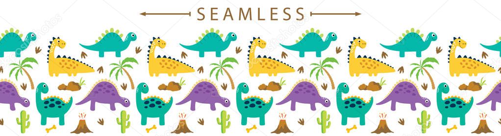 Cute dino vector horizontal seamless border. Great for wallpaper, backgrounds, packaging, fabric, scrapbooking, and giftwrap projects