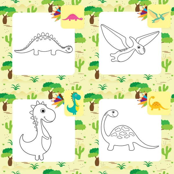 Divertida colección de dinosaurios de dibujos animados. Libro para colorear — Archivo Imágenes Vectoriales