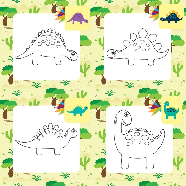 Divertida colección de dinosaurios de dibujos animados. Libro para colorear — Vector de stock