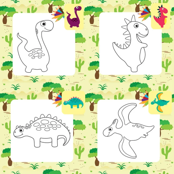 Divertida colección de dinosaurios de dibujos animados. Libro para colorear — Vector de stock