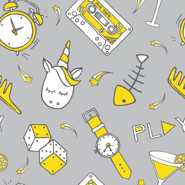 Çeşitli teknolojik öğeleri ve ekipman doodle simgeler kümesi
