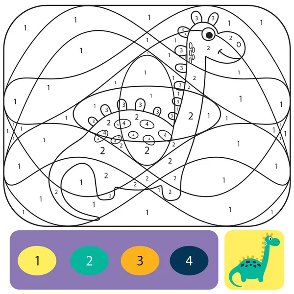 Cute dino coloring page for kids. Coloring puzzle with numbers o — Stock Vector