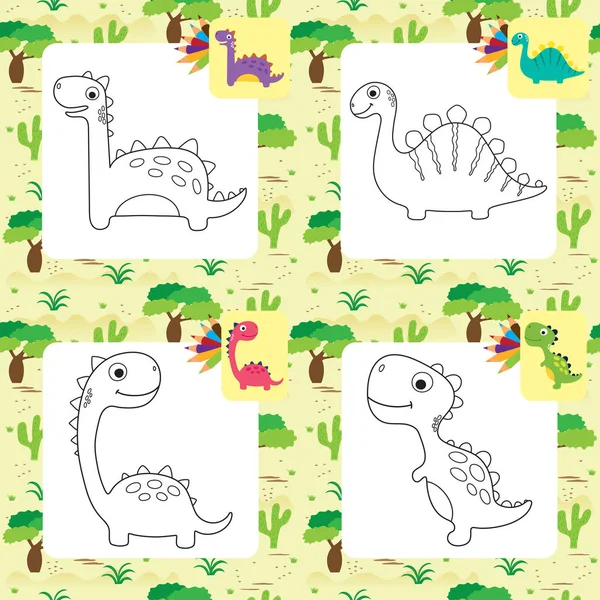 Divertida colección de dinosaurios de dibujos animados. Libro para colorear — Vector de stock