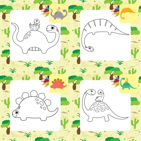 Lindo Juego Páginas Para Colorear Dino Dibujos Animados Ilustración Vectorial — Vector de stock