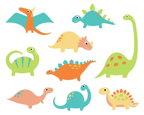 Coleção Dinossauros Desenhos Animados Engraçados Ilustração Vetorial — Vetor de Stock