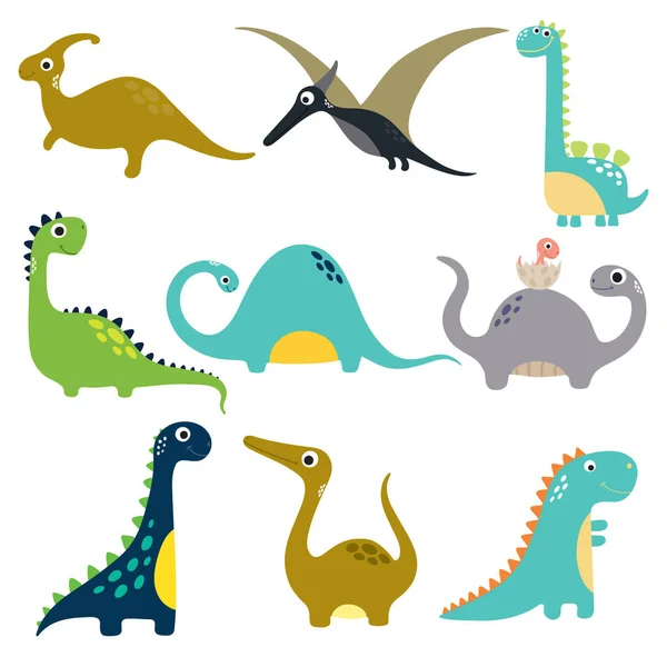 Coleção Dinossauros Desenhos Animados Engraçados Ilustração Vetorial — Vetor de Stock