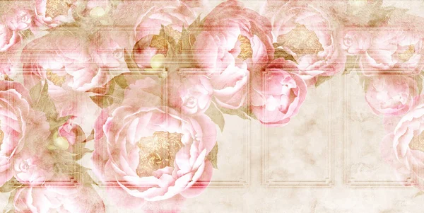 Fiori Dipinti Muro Cemento Peonie Sul Muro Grunge Texture Carta — Foto Stock