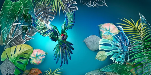 Schöne Lebendige Mehrfarbige Tropentapete Fototapete Wandbild Mit Einem Papagei Gezeichnetes — Stockfoto