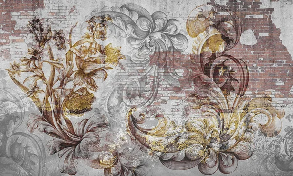 Wall mural, wallpaper, engraving on the wall, in the style of a loft. Flowers on a brick wall. Beautiful patterns on the wall. Mural design. Design loft, classic, modern.