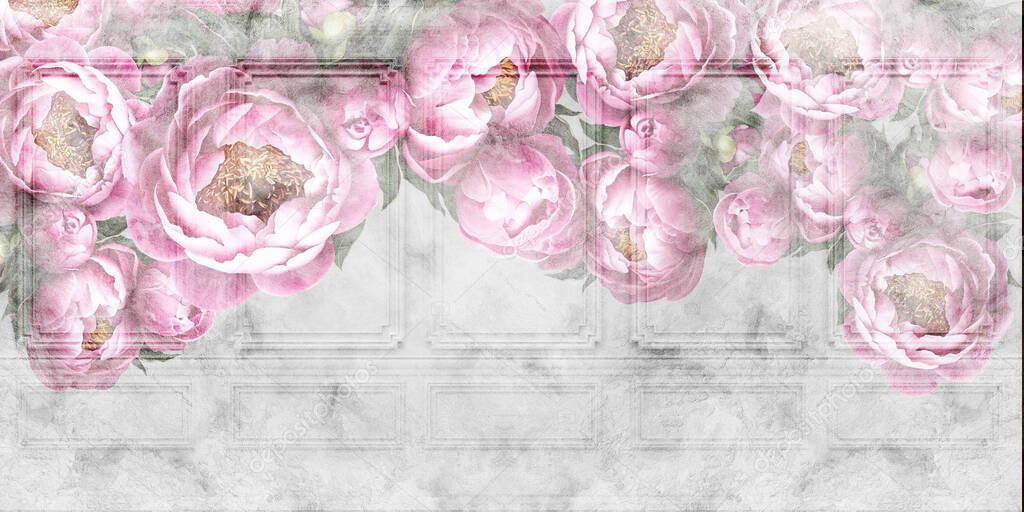 Flowers painted on a concrete wall. Peonies on the wall grunge texture. Photo wallpaper, wallpaper, design for walls.
