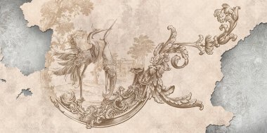 Duvar resmi, duvar kağıdı, klasik, barok, modern, rokoko tarzı. Kuşlu duvar resmi ve desenli arka plan. Hafif, hassas duvar kağıdı tasarımı.